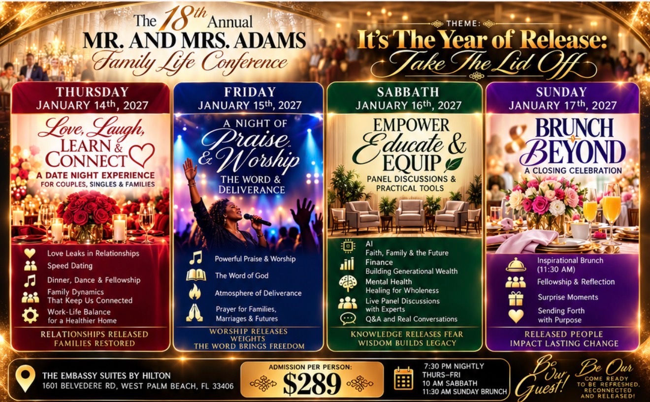 Four-day schedule for the 18th Annual Mr. and Mrs. Adams Family Life Conference